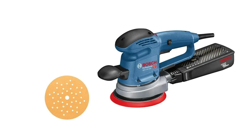 Bosch Professional Random Orbit Sander GEX 34-150 (110 V, incl. Sanding disc Dia. 150 mm, C470 Sanding Sheet for Wood, Extraction Adapter)