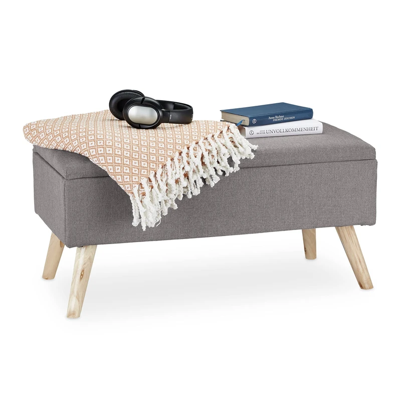 Relaxdays Hallway Storage Bench, Padded, Wooden Legs, Fabric Cover, HxWxD: 39.5 x 79.5 x 39.5 cm, Light Grey
