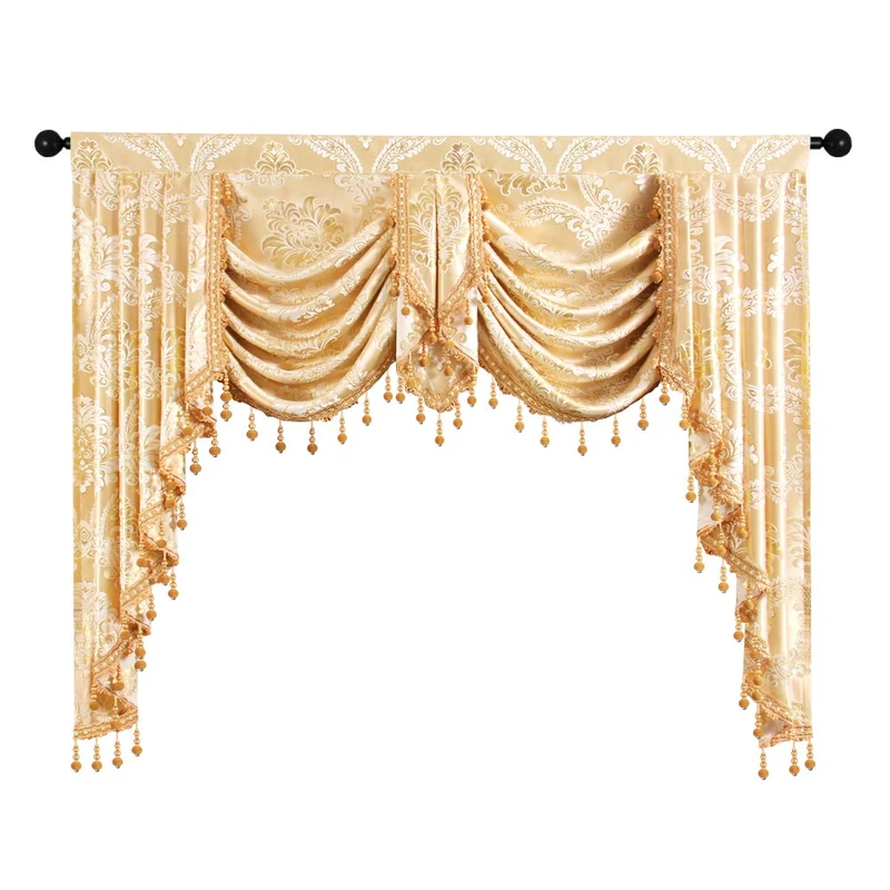 ELKCA Golden Jacquard Swag Waterfall Valance Luxury Curtain Valance for Living Room (Damask-Golden, W69 Inch, 1 Panel)