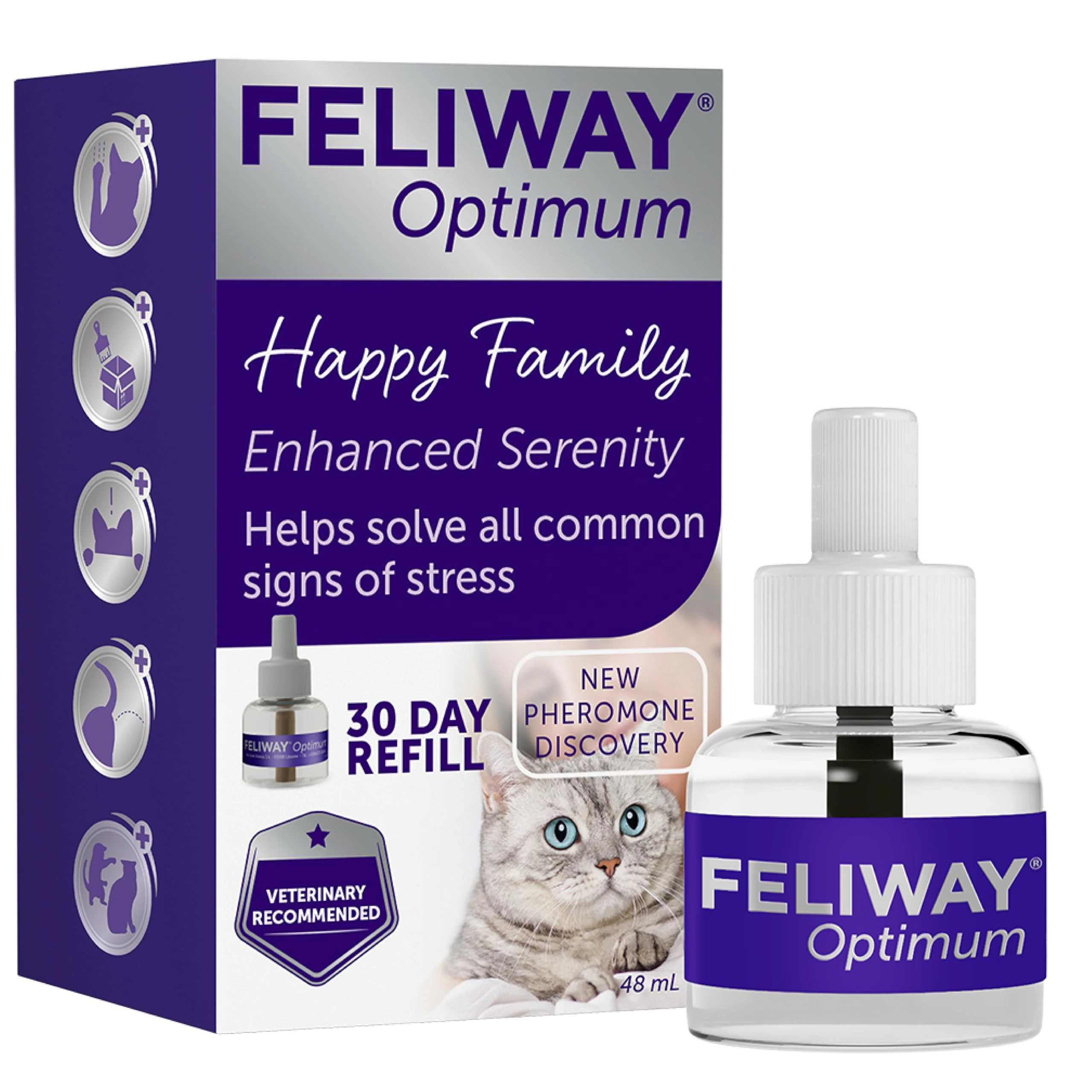FELIWAY Optimum 30 Day Cat Calming Odourless Refill for Pheromone Diffuser, 48ml - Helps Solve Signs of Stress in Cats & Kittens, Veterinary Recommended, Drug-free, Clinically Proven