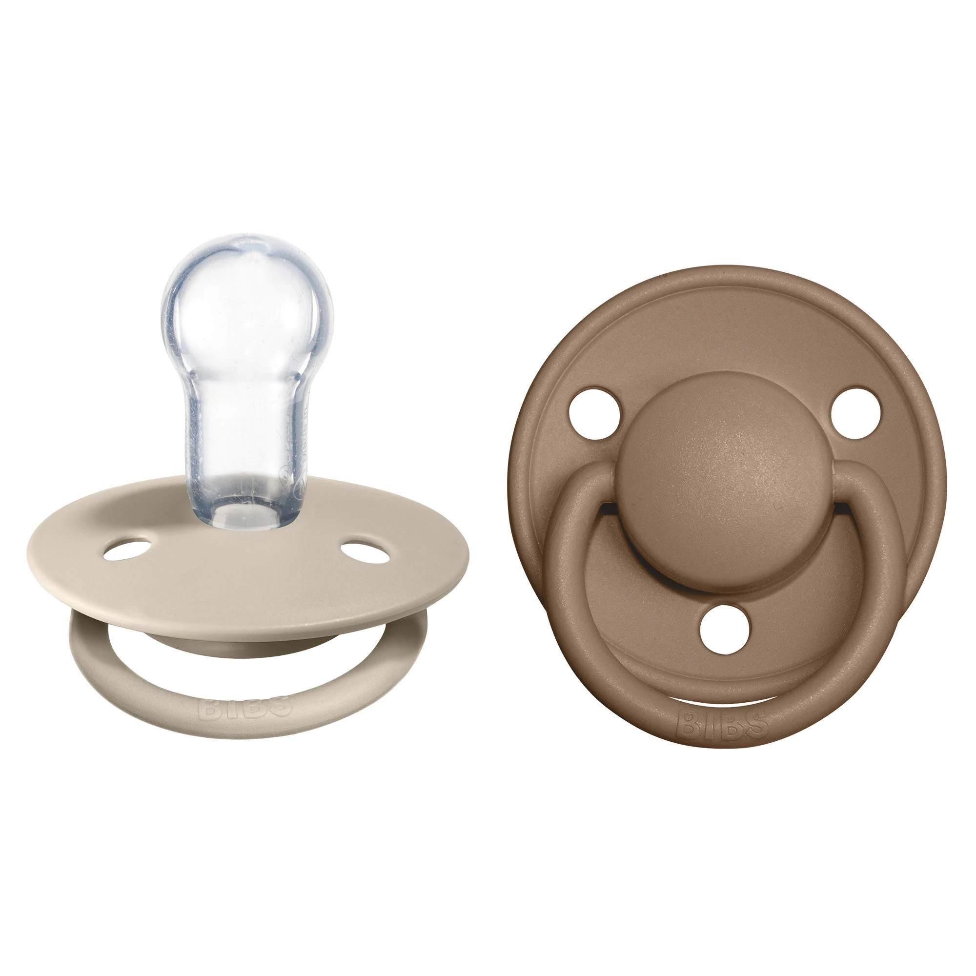 BIBS De Lux Soother 2-Pack, BPA Free Dummy Pacifier, Round Nipple. Silicone, OneSize (0-36 Months), Vanilla/Dark Oak