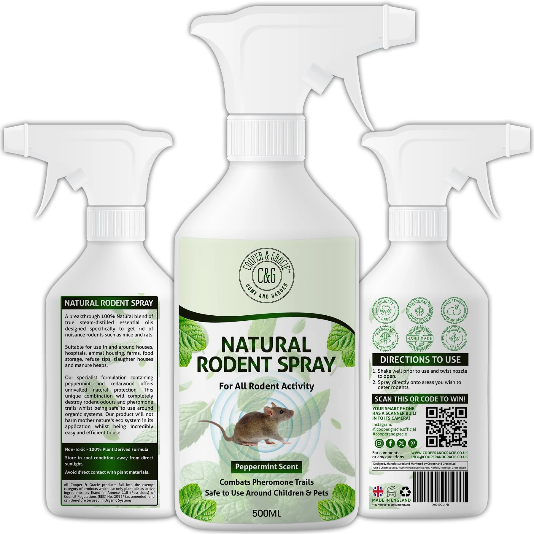 Natural Rodent Repellent Spray 500ML | Peppermint Oil Rat & Mouse Repellent | Natural Rat Repellent Sprays | Peppermint for Mice | Indoor Outdoor Rodent Control | How to Get Rid of Mice Naturally