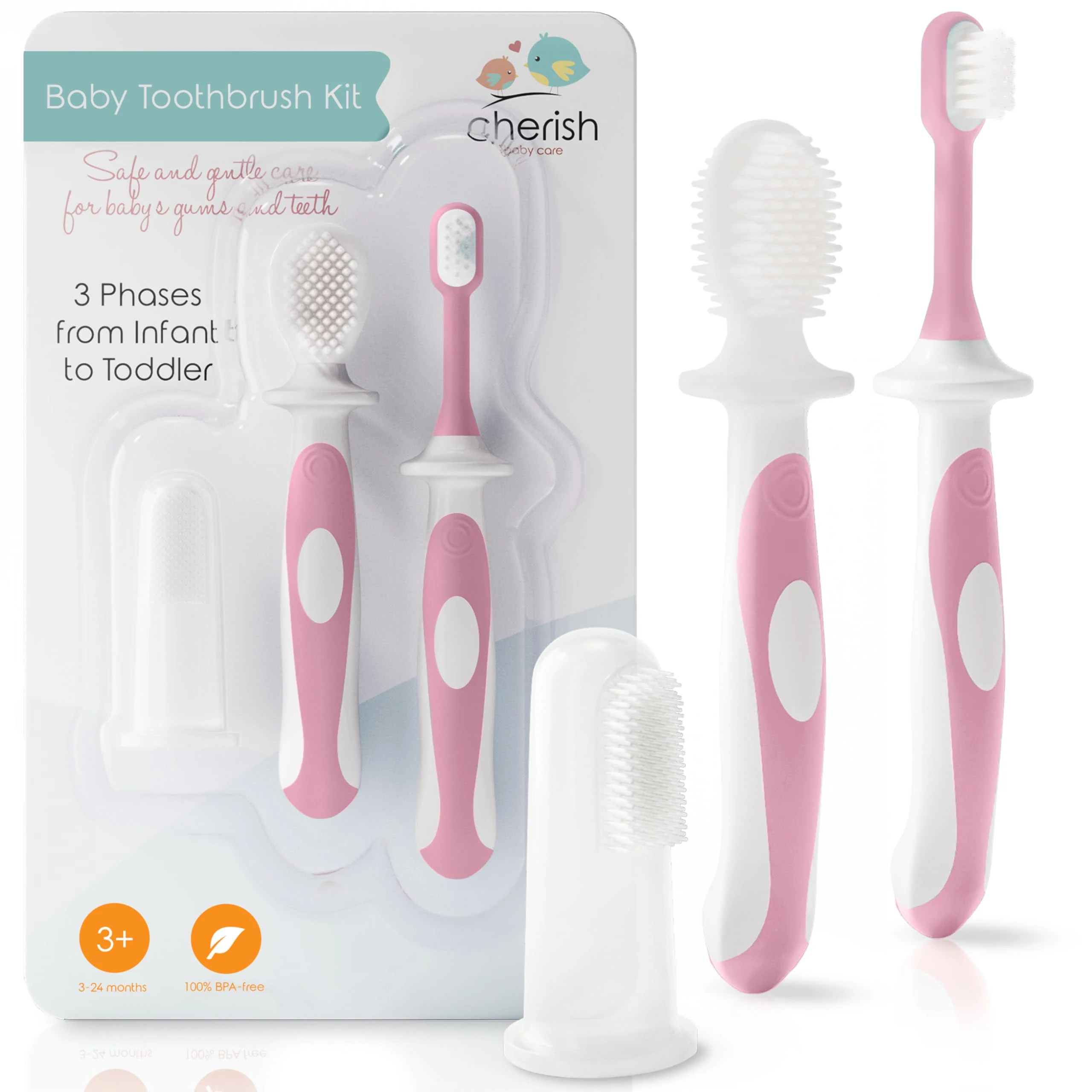 Cherish Baby Care 0-2 Years Toothbrush Kit - Safety-Tested & BPA-Free 3-Pack (Finger, Silicone, Toddler Toothbrushes) - Baby's First Toothbrush Kit (Pink)