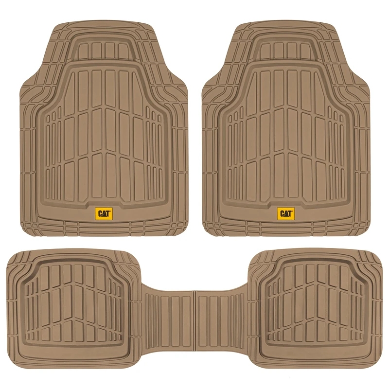 Cat® ToughRide Heavy-Duty 3 Piece Rubber All Season Floor Mats for Car Truck Van SUV, Beige - Premium Trim to Fit Car Floor Mat, All Weather Deep Dish Automotive Floor Mats, Total Dirt Protection