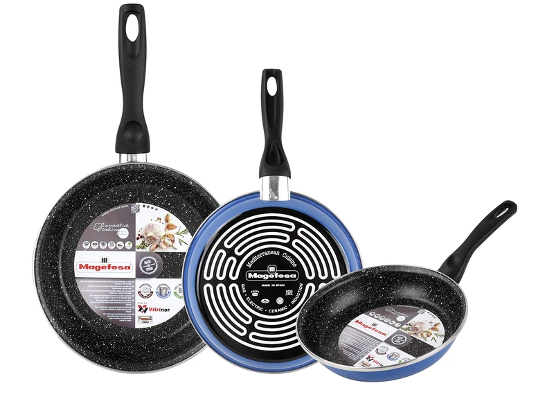 MAGEFESA K2 Blue – Set of 3 Pans (20/24/28) cm Outside Blue. Non-Stick Reinforced Stone Effect, Suitable for All Types of cookers, Special Induction, 50% Energy Saving.
