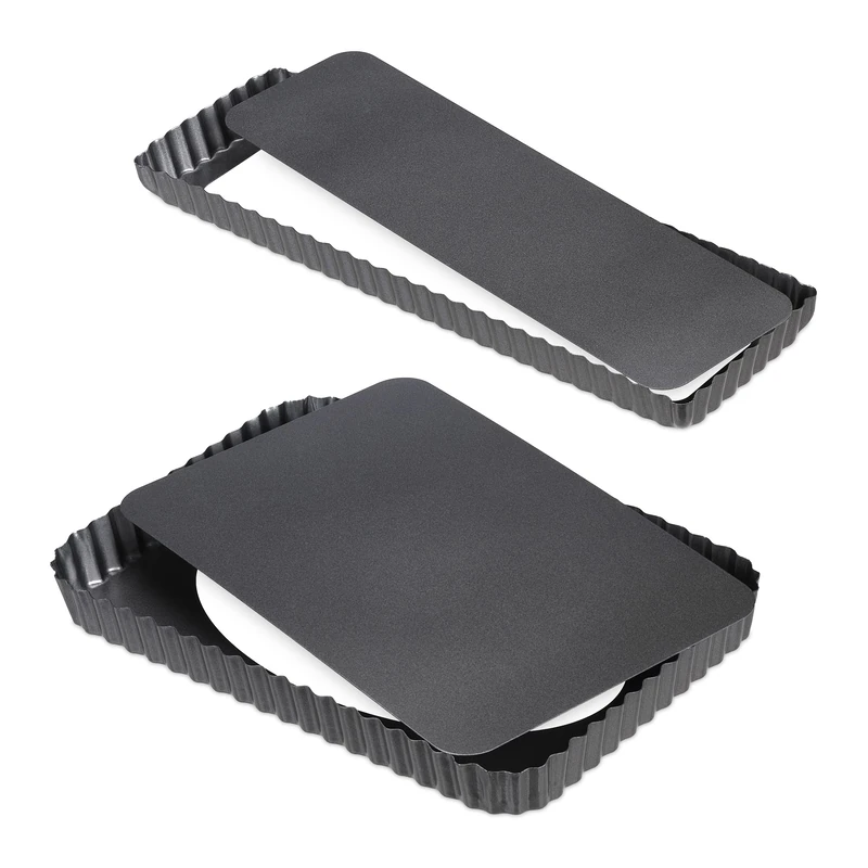 Relaxdays Set of 2 Tart Tins, with Lifting Base, Non-Stick Coated, 2 Sizes, Rectangular & Long, Quiche Shape, Anthracite