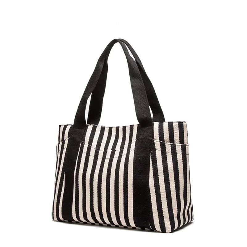 Striped Tote Handbag Classic Black White Print Street Daily Shoulder Bag with 7 Pockets Gifts for Ladies - Image 1