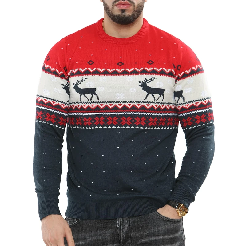NOROZE Mens Xmas Jumpers Fairisle Christmas Tree Reindeer Snowflakes Hoho Novelty Pullover Sweater (L, Snowflakes Reindeer Navy)