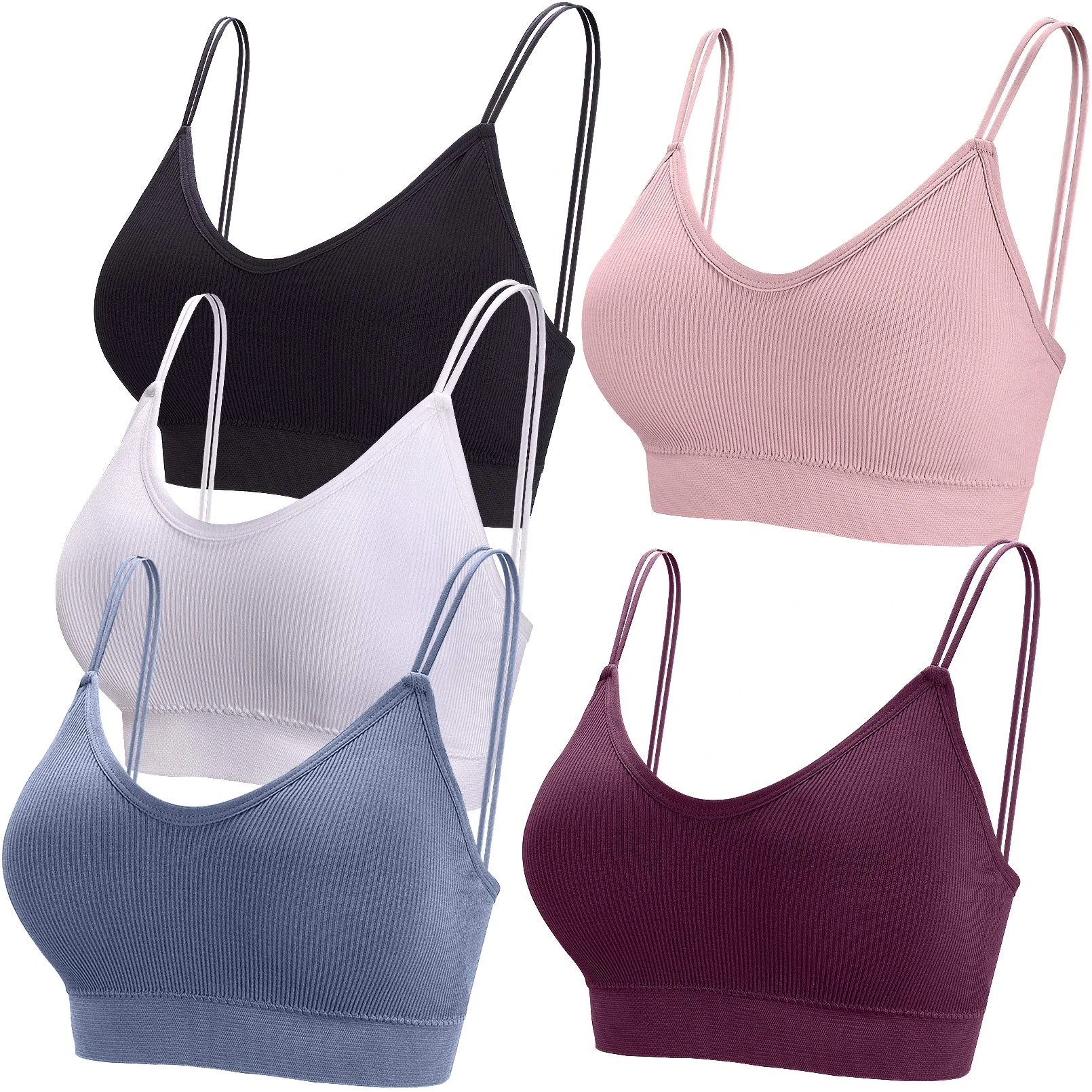 BQTQ 5 Pieces Camisole Bras for Women V Neck Camisole Bralettes Seamless Sleeping Bra with Straps and Removable Pads for Women Girls (Light Pink, White, Black, Steel Blue, Purple, M)
