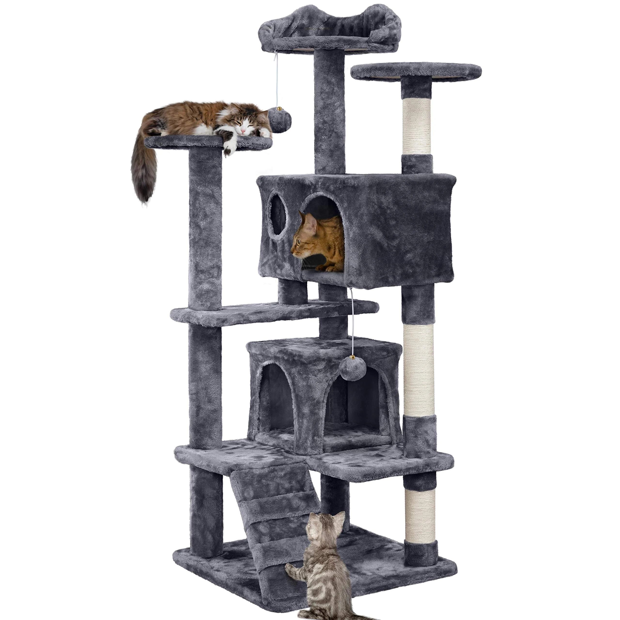 Yaheetech 138.5cm Cat Tree Tower Scratching Posts Multilevel Cat Climbing House with Condos & Ladder Pet Activity Centre for Indoor Kittens, Dark Grey