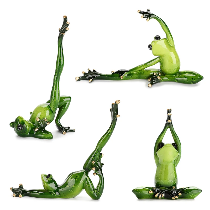 JUXYES Set of 4 Creative Resin Yoga Frogs Figurine Decor, 4 Different Yoga Pose Frog Sculpture Statue, Personalized Animal Collectible Figurines Mascot Frog Resin Crafts for Shelves Table Desk Decor