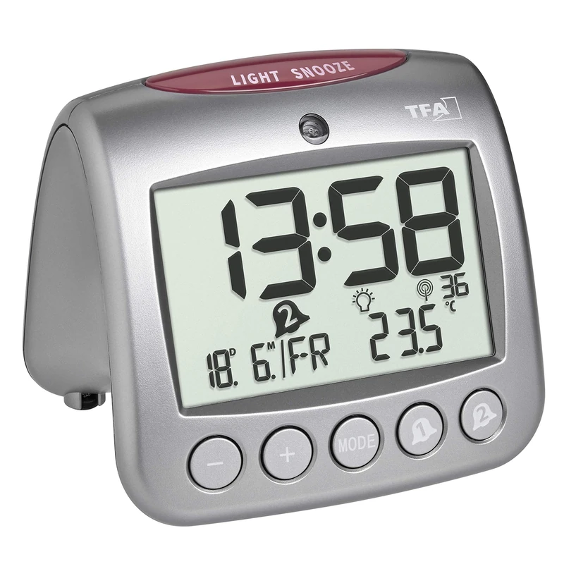 TFA Dostmann Digital Radio Alarm Clock with Temperature Sonio 2.0, 60.2559.54, Two Alarm Alarms, Display Indoor Temperature/Weekday/Date, Silver, (L) 112 x (W) 98 x (H) 98 mm