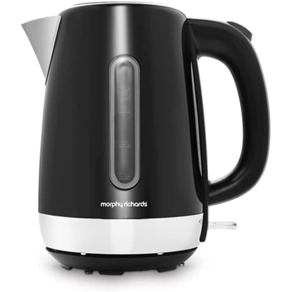 Morphy Richards Equip Kettle, 1.7L, 3Kw Rapid boil, Removeable Limescale Filter, Easy View Water Gauge, Stainless Steel Case, Black, 102783
