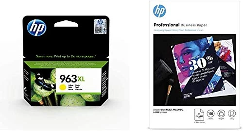 HP 3JA29AE 963XL High Yield Original Ink Cartridge, Yellow, Single Pack 3VK91A Inkjet and Laser Professional Glossy Business Paper, A4, 180 gsm, 150 Sheets