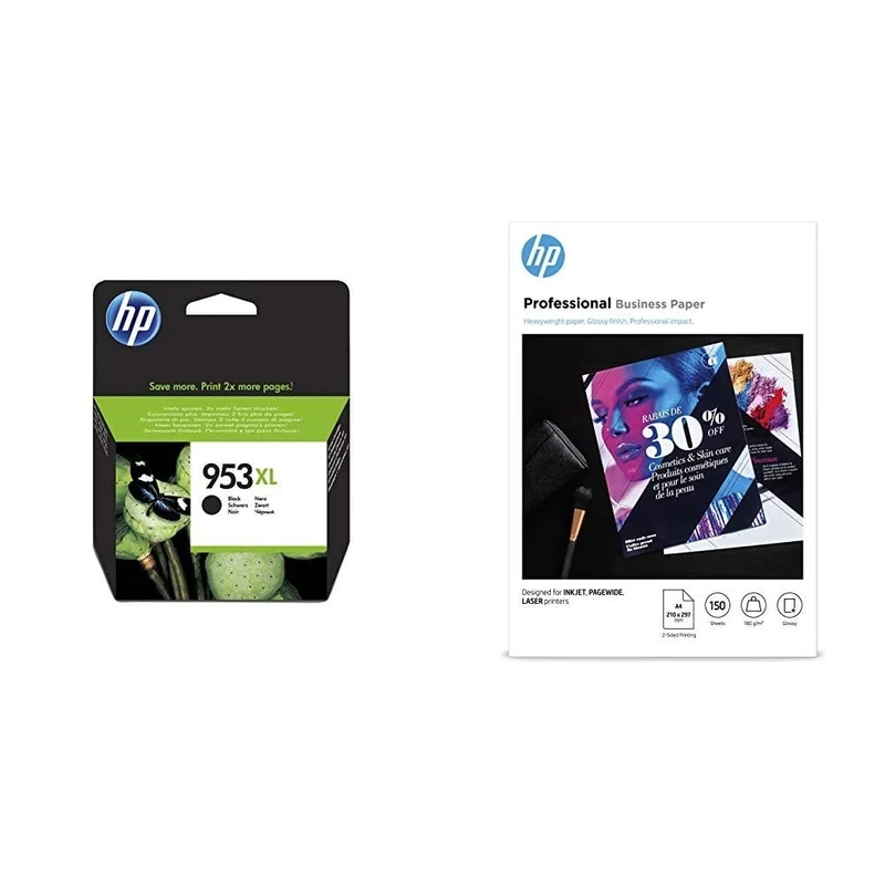 HP L0S70AE 953XL High Yield Original Ink Cartridge, Black, Single Pack 3VK91A Inkjet and Laser Professional Glossy Business Paper, A4, 180 gsm, 150 Sheets