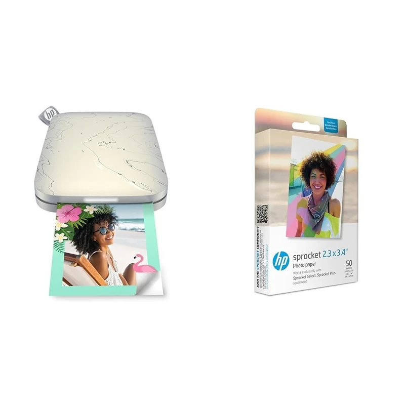 HP Sprocket Select Portable Instant Photo Printer (Eclipse) Prints on 2.3x3.4” Sticky-Backed Zink Photo & IZL2X350 Sprocket 2.3 x 3.4 Premium Zink Sticky Back Photo Paper (50 Sheets)