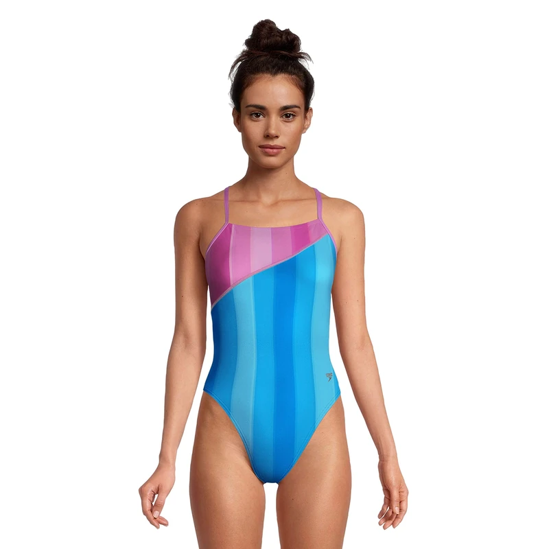 Speedo Women's Swimsuit One Piece Endurance Turnz Tie Back Printed, Blue, 26