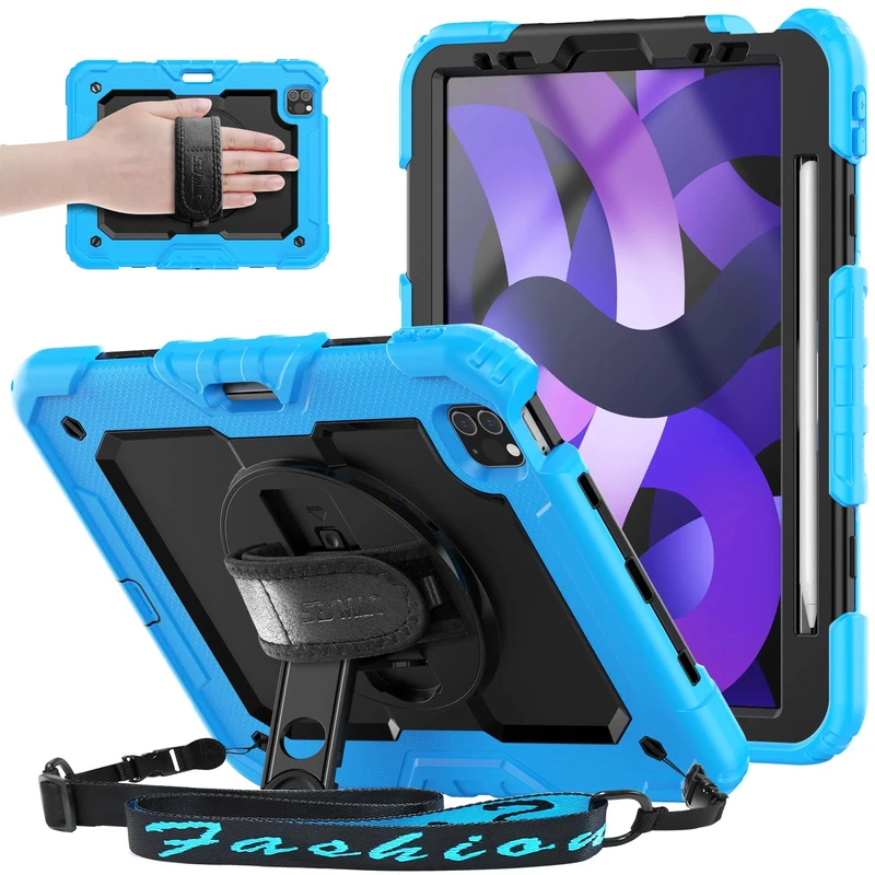 SEYMAC Case for iPad Air 5th/4th Generation 10.9 inch, for iPad Pro 11 inch, Heavy Duty Pro 11 Case With Screen Protector/Hand Strap/Shoulder Strap/Stand, Light Blue