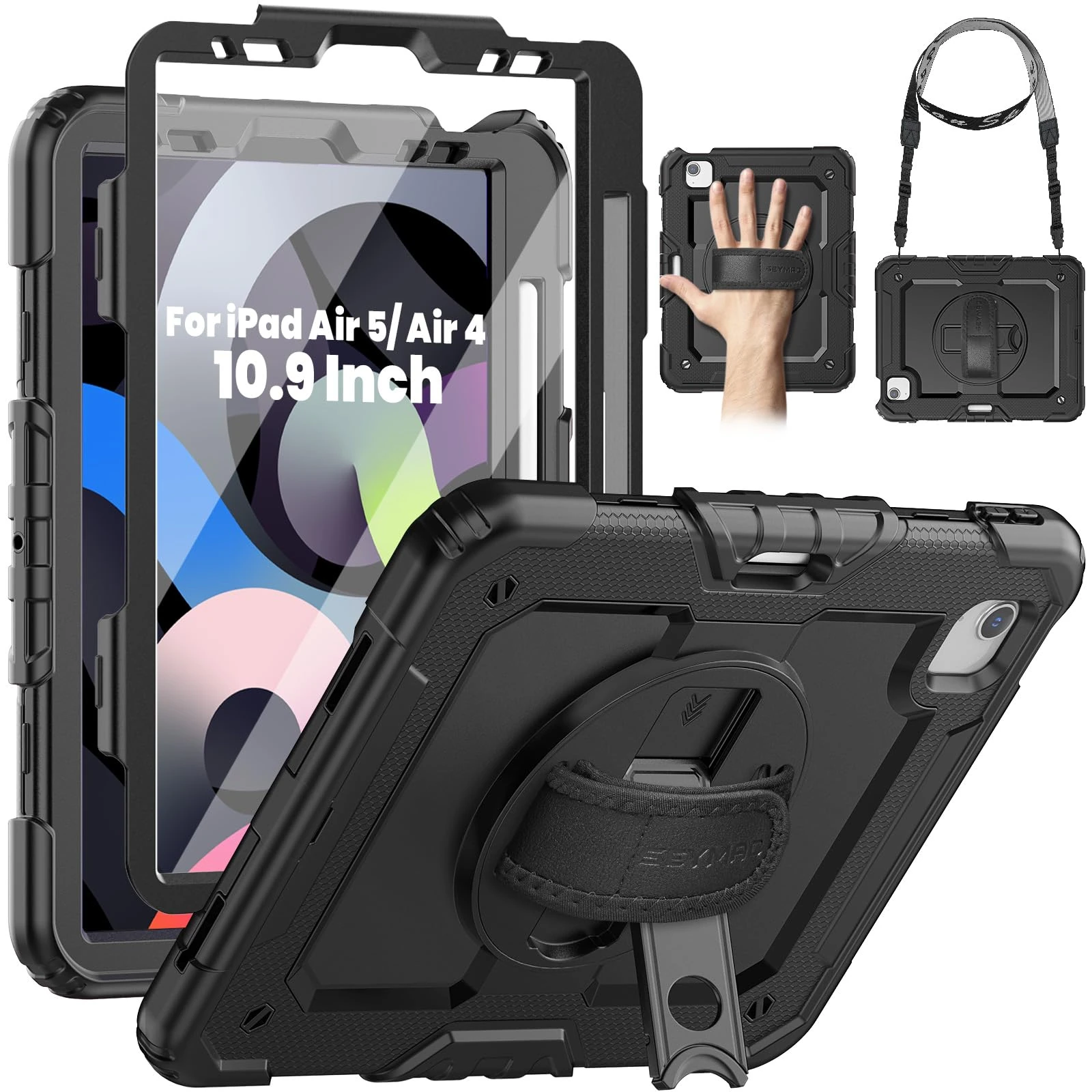SEYMAC Case for iPad Air 5th/4th Generation 10.9 inch 2022, for iPad Pro 11 inch, Shockproof Case for Pro 11 with Screen Protector/Hand Strap/Shoulder Strap/Stand, Black