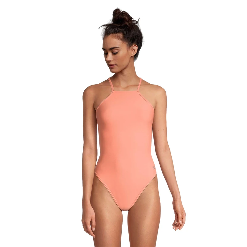 Speedo Women's Swimsuit One Piece Endurance Turnz Tie Back Solid, High Neck Fusion Coral, 28