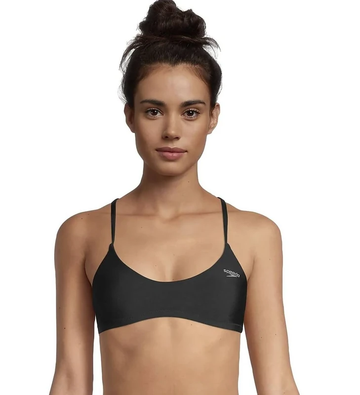 Speedo Women's Swimsuit Top Bikini Endurance Lite Tie Back Solid, Black Keyhole, Small