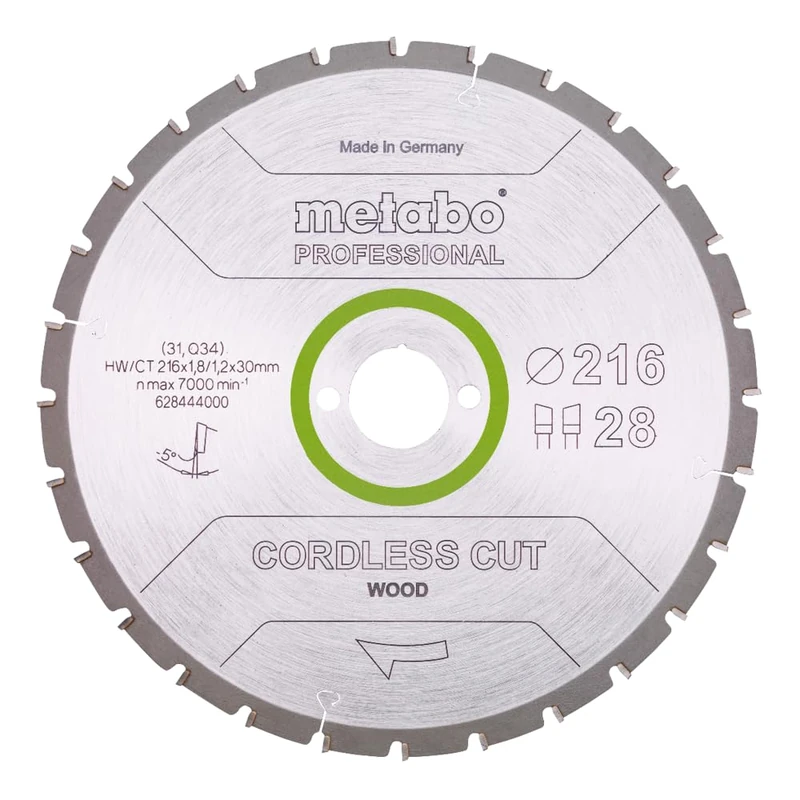 Metabo 628444000 Cordless Cut Professional Circular Saw Blade For Wood 216 x 30, Z28 WZ 5°neg
