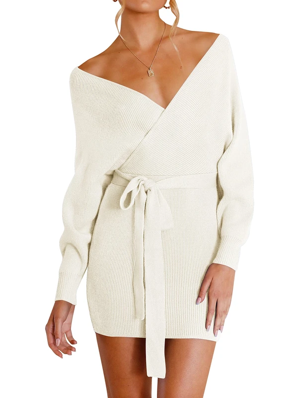 ZESICA Women's Fall Long Batwing Sleeve Wrap V Neck Knitted Backless Bodycon Pullover Sweater Dress with Belt, Apricot, S