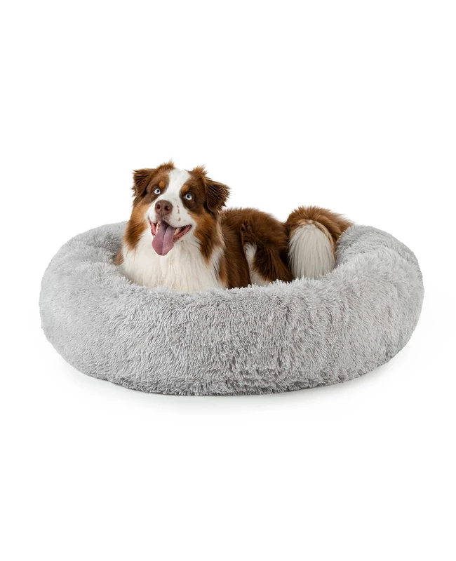 lionto Donut bed for dogs and cats, fluffy round dog bed for small and large pets, Ø 100 cm, soft cat bed made of cuddly plush, dog cushion with extra thick filling, light grey