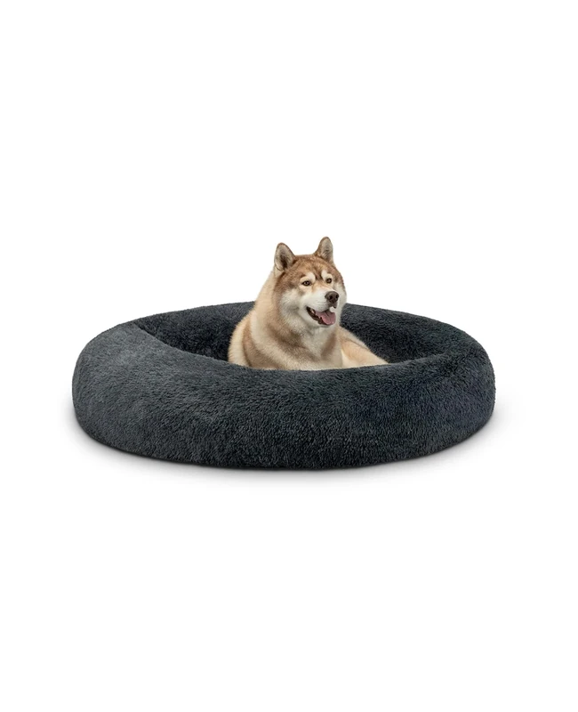 lionto Donut bed for dogs and cats, fluffy round dog bed for small and large pets, Ø 120 cm, soft cat bed made of cuddly plush, dog cushion with extra thick filling, dark grey