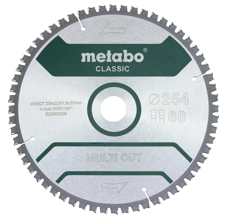 Metabo Saw Blade Multi Cut Classic 254 x 2.6/1.8 x 30 Z60 FZ/TZ 5° Neg (628285000) Diameter x Cutting Width x Bore: 254 x 2.6 x 30 mm, Material: HW/CT, Number of Teeth: 60