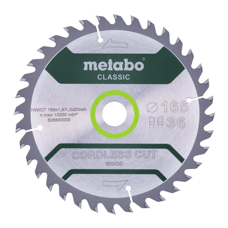 Metabo 628660000 Cordless Cut Classic Circular Saw Blade For Wood 165 x 20, Z36 WZ 15° / B