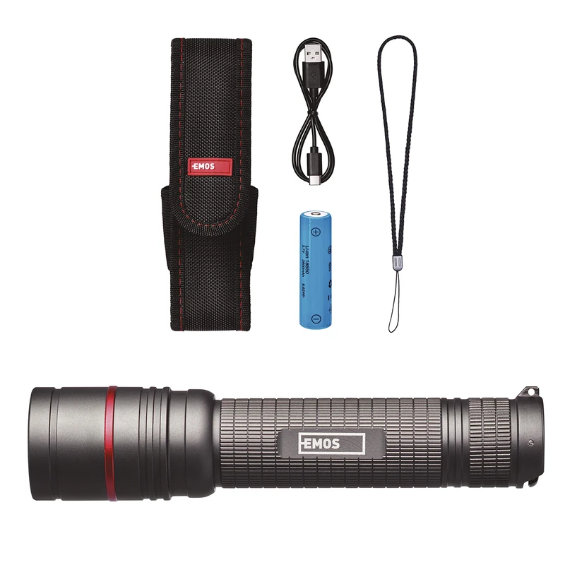 EMOS Ultibright 80-3 Modes Rechargeable CREE LED Metal Torch with Focus Shock-Resistant Waterproof Super Bright 600lm Max 230m with Strap and Pouch for Indoor and Outdoor Use Grey