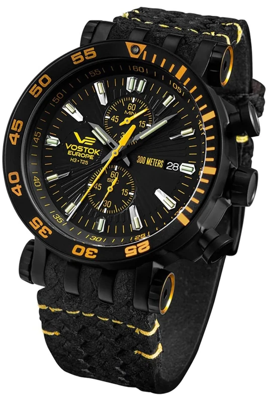 Vostok Europe Energia Rocket Men's Watch with Two Straps 49 mm Diameter Chronograph 30 ATM Date, Black, Strap.