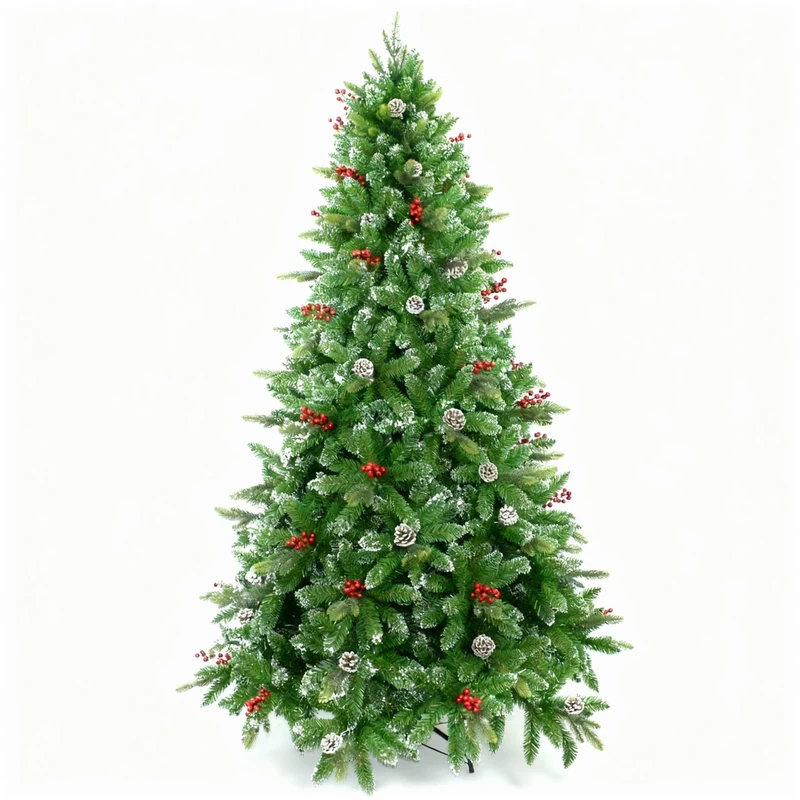 5ft/150cm Snowy Tips Artificial Christmas Tree with Berries, Frosted Cones, Stockholm Pine Luxury Natural Looking Flocked Tips, Hinged Bushy Branches, Metal Stand - Xmas Home Holiday Decorations