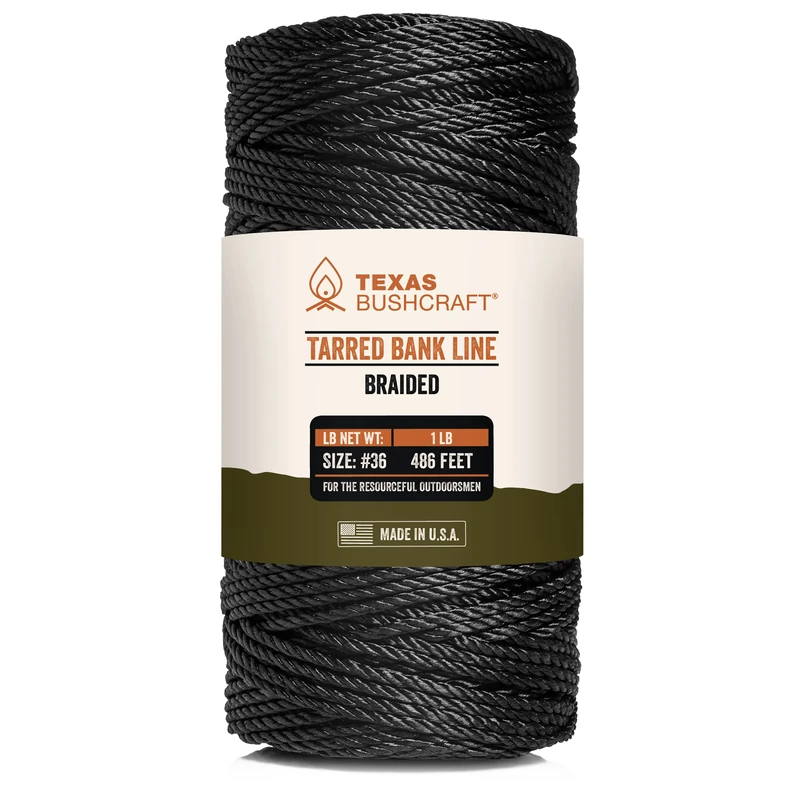 Texas Bushcraft Tarred Bank Line Twine - #36 Black Nylon String for Fishing, Camping and Outdoor Survival – Strong, Weather Resistant Bankline Cordage for Trotline (1 lb - #36 (525 ft), Braided) - Image 1