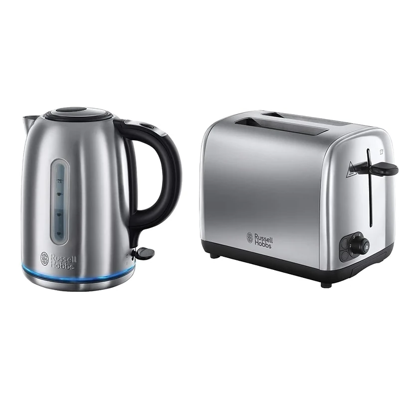 Russell Hobbs 20460 Quiet Boil Kettle, Brushed Stainless Steel, Silver, 3000 W, 1.7 Litre & 24080 Adventure Two Slice Toaster, Stainless Steel, 2 Slice, Brushed and Polished