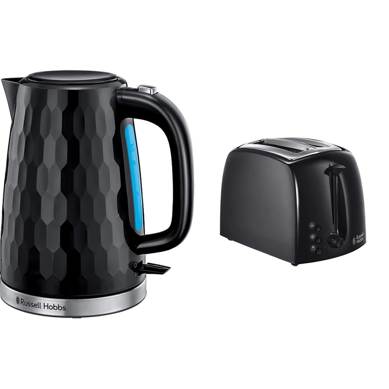 Russell Hobbs 26051 Cordless Electric Kettle - Contemporary Honeycomb Design with Fast Boil and Boild Dry Protection, 1.7 Litre, 3000 W, Black & 21641 Textures 2-Slice Toaster, 1000 W, Black - Image 1