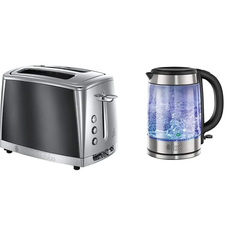Russell Hobbs 23221 Luna Two Slice Toaster, 1500 W, Grey & Hobbs 21600-10 Illuminating Glass Kettle, Black, 1.7 Litre, 3000 Watt