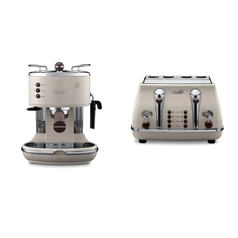 De'Longhi Vintage Icona Traditional Barista Pump Espresso Machine, Coffee and Cappuccino Maker & Icona Vintage 4 slot toaster, reheat, defrost, one-side bagel & 6 browning settings, CTOV4003BG, Beige - Image 1