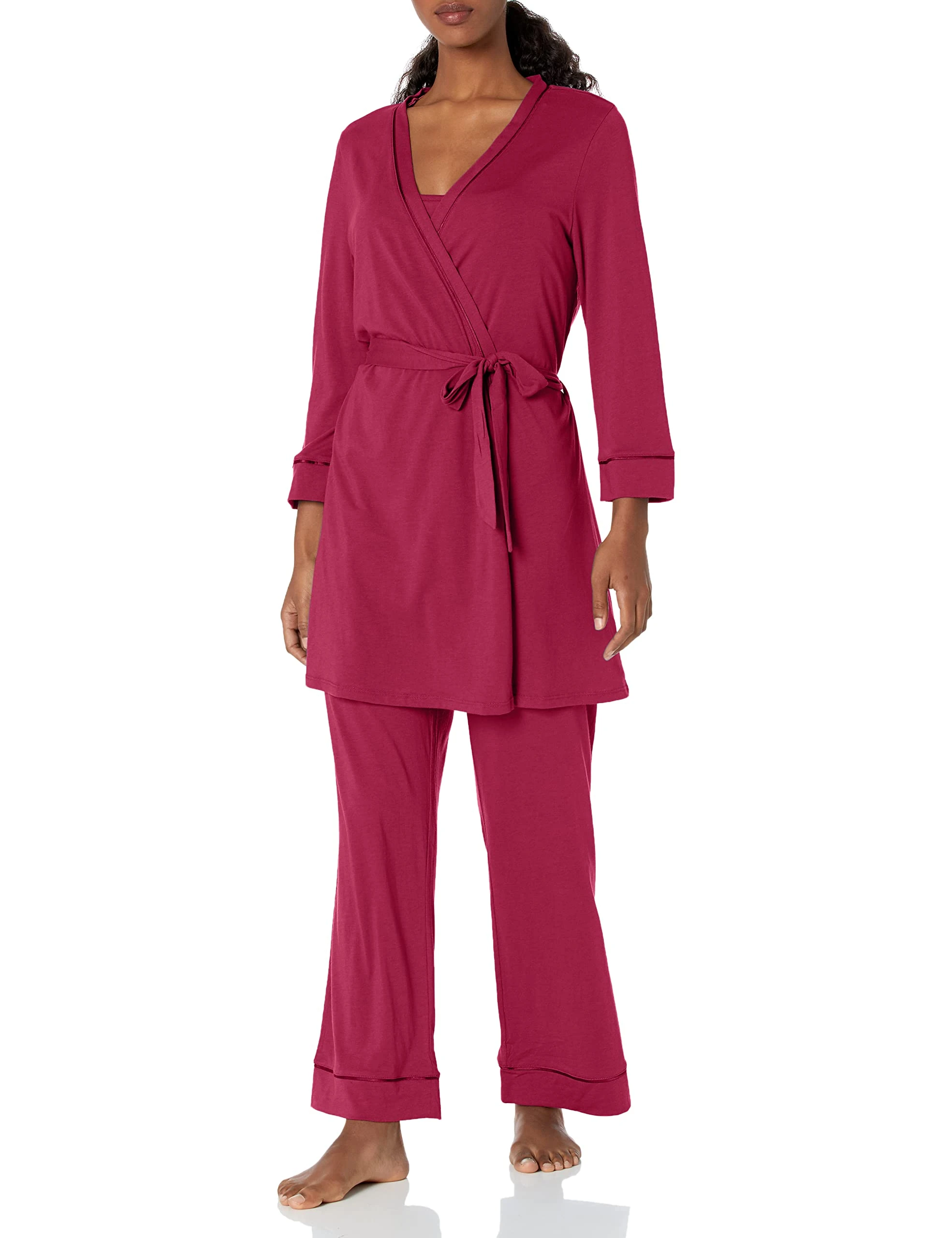 Cosabella Women's Bella Pima Mat 3 Piece Robe Cami & Pants, Deep Ruby/Deep Ruby, Large