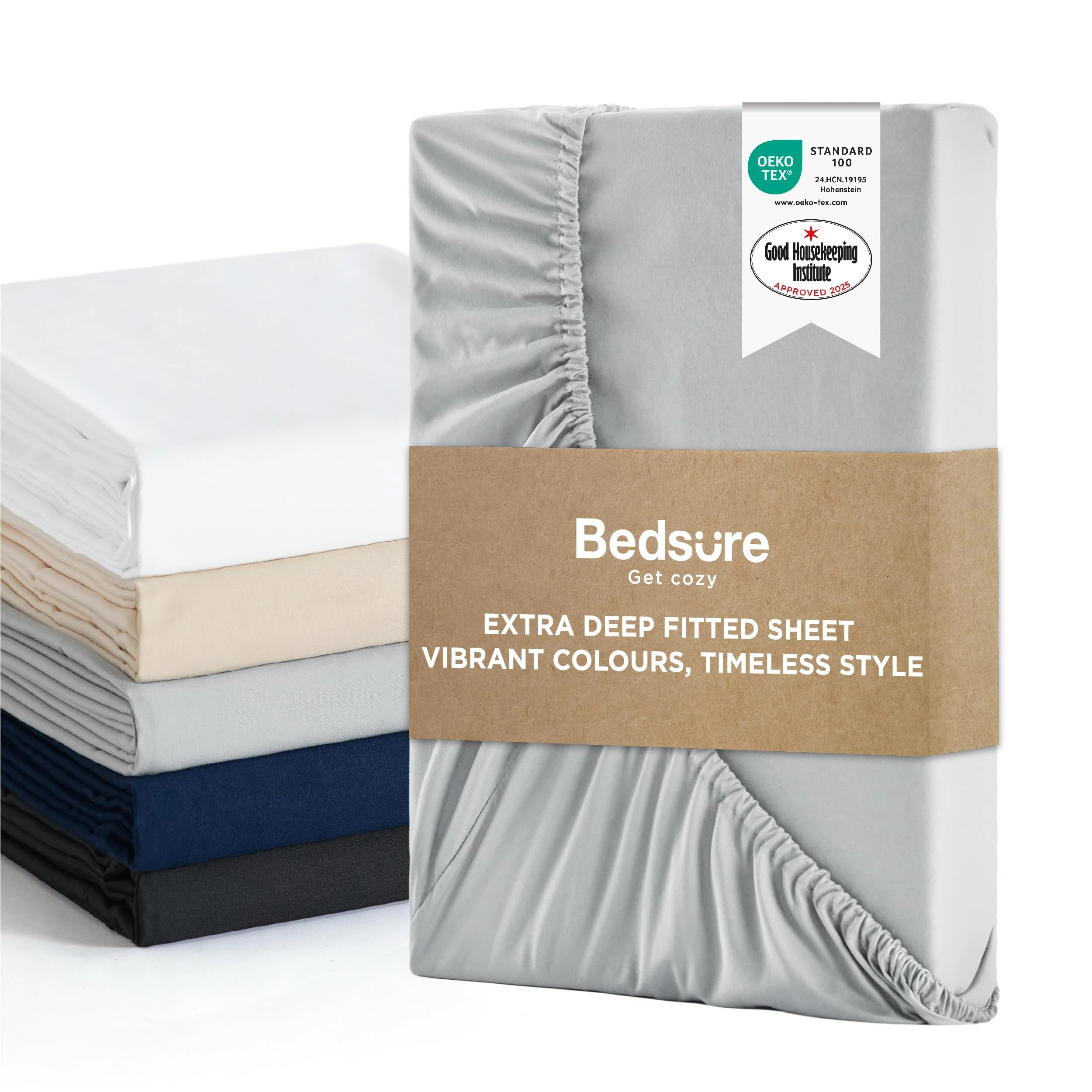 Bedsure Double Fitted Sheet Deep - Bed Sheets Extra Deep Pocket 16 inch (40 cm) made of Soft Brushed Microfiber for Double Bed, Grey, 135x190cm