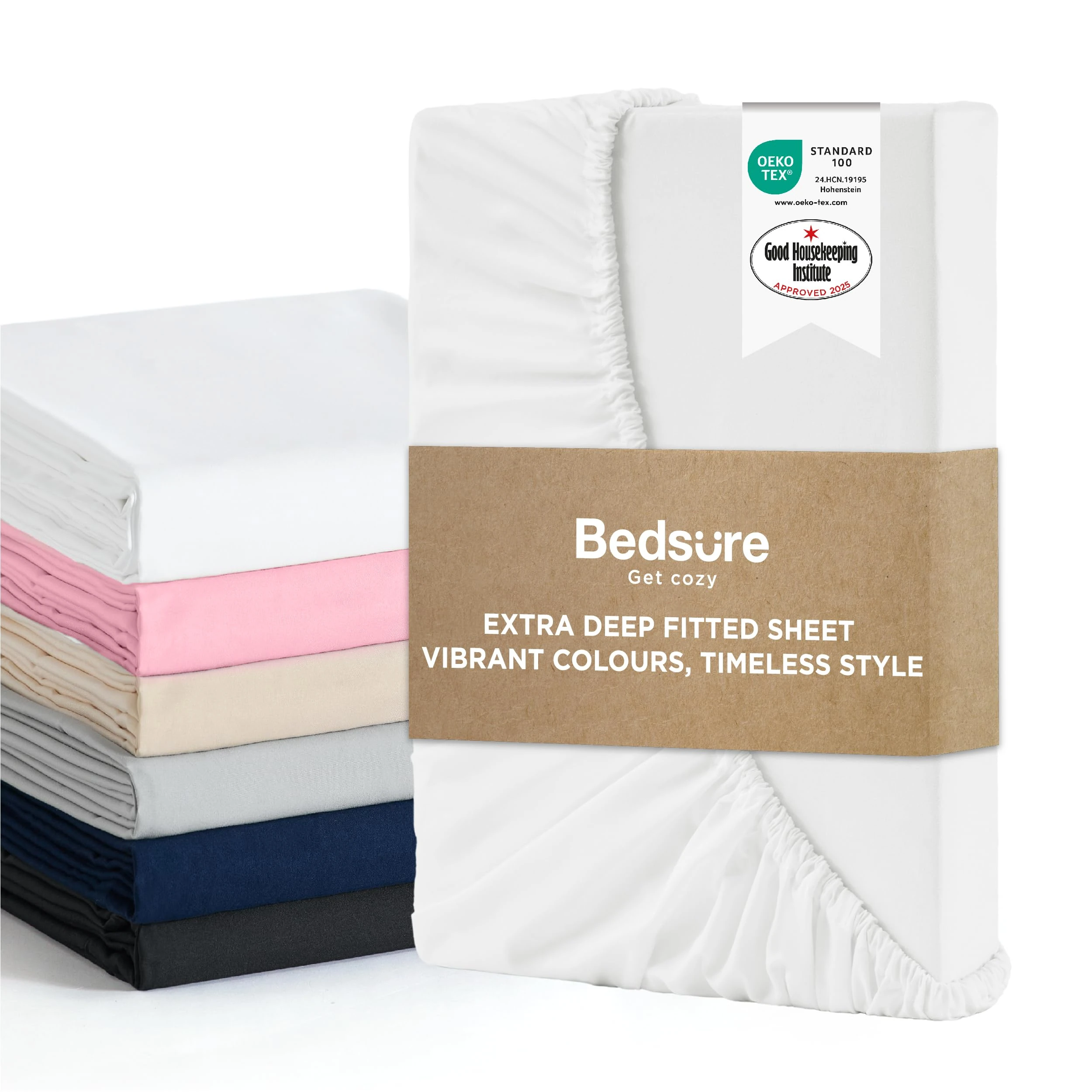 Bedsure Double Fitted Sheet Deep - Bed Sheets Extra Deep Pocket 16 inch (40 cm) made of Soft Brushed Microfiber for Double Bed, White, 135x190cm