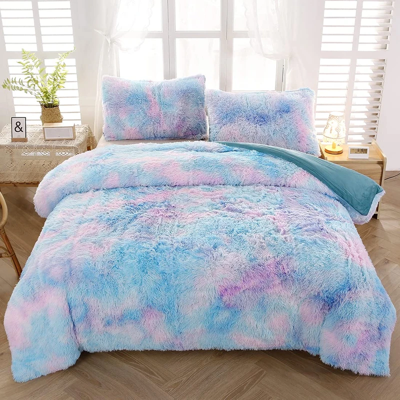 SUCSES Tie Dyed Duvet Cover Set Full/Queen Size, Plush Shaggy Soft Velvet Fuzzy Bedding Set with 2 Pillow Shams, Blue