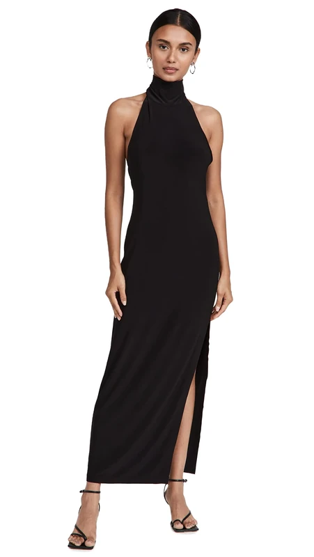 Norma Kamali Women's Halter Turtle Side Slit Gown, Black, L/40