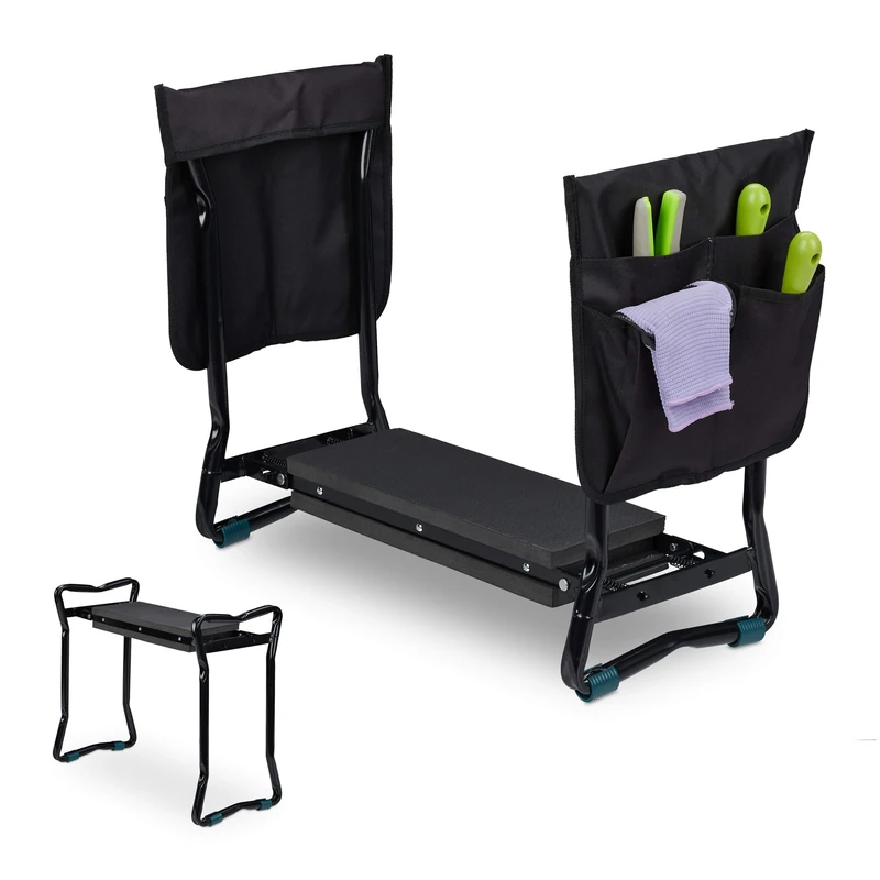 Relaxdays Garden Kneeler, Kneeling Bench, Foldable, Up to 150kg, with 2 Pockets, Padded Knee Aid, 50x60x27,5 cm, Black