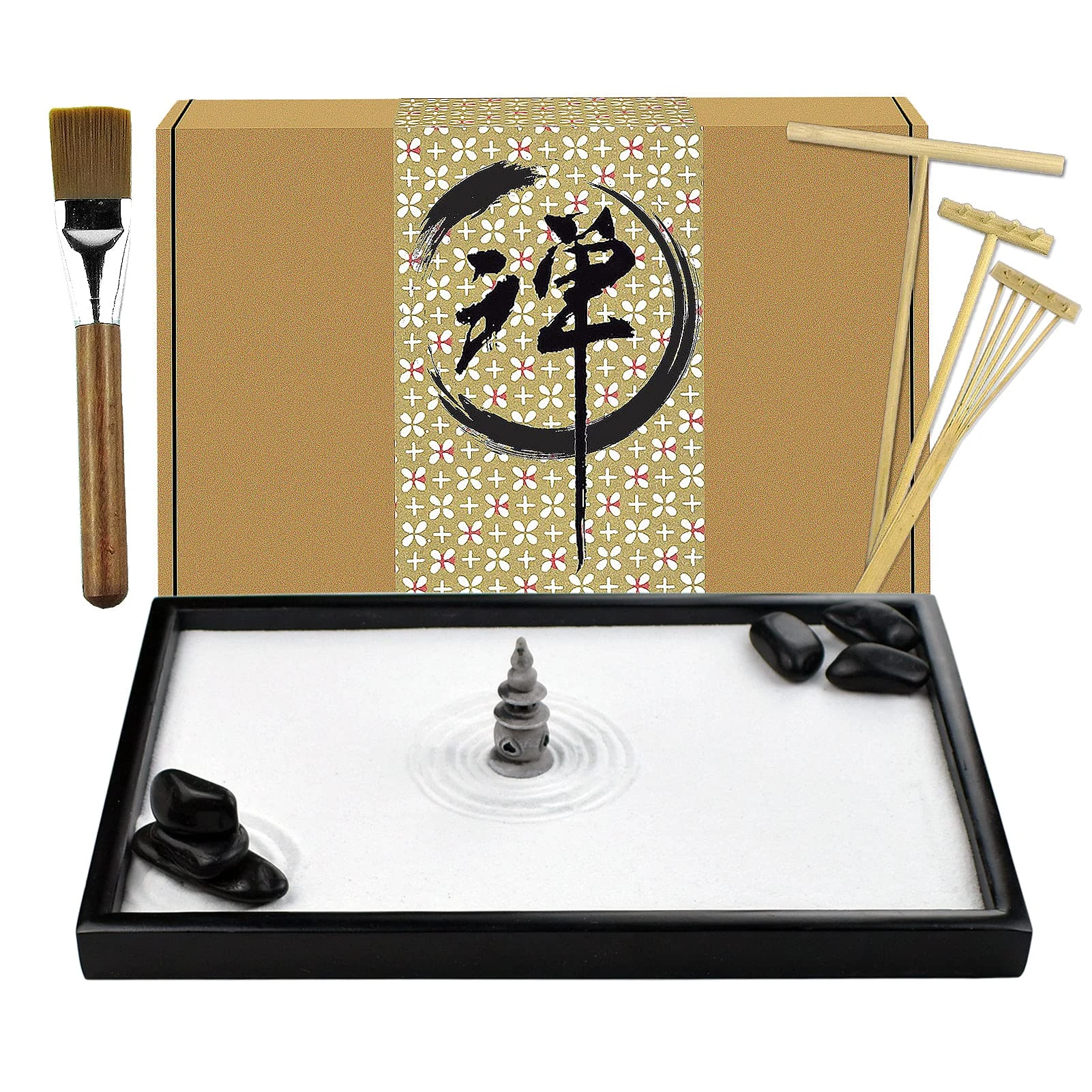 Artcome Japanese Zen Sand Garden for Desk with Rake, Stand, Rocks and Mini Furnishing Articles - Office Table Accessories, Mini Zen Sand Garden Kit - Meditation Gifts