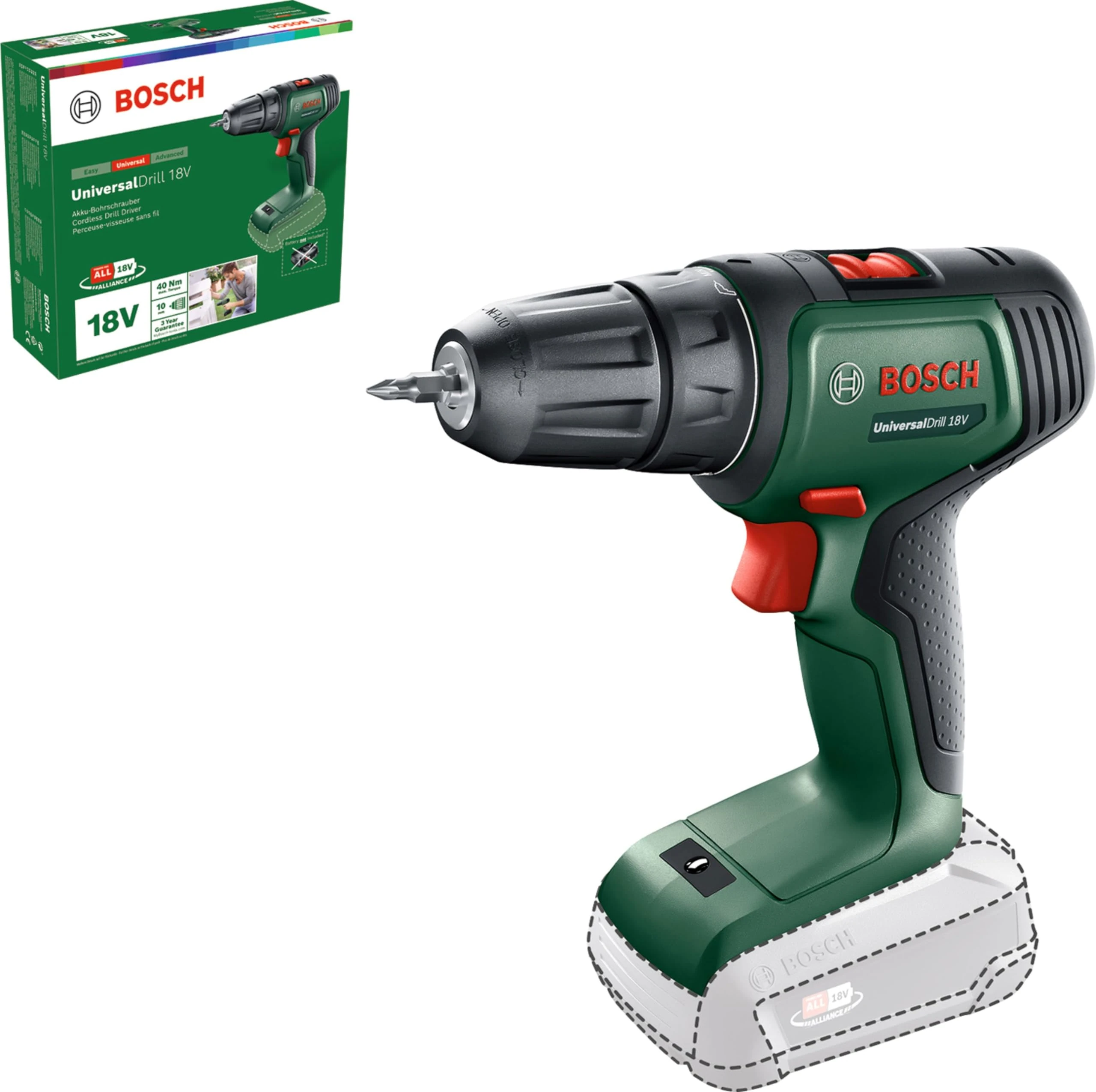 Bosch Home and Garden Cordless Drill UniversalDrill 18V (Without Battery, 18 Volt System, in Carton Packaging)