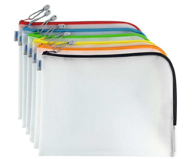 HERMA 20013 Zip Document Bag A4, Pack of 10, transparent (36 x 28 cm) large zippered mesh pouch with zipper for laptop, tablet, books, papers, toys, clear storage wallet with zipper, assorted colours