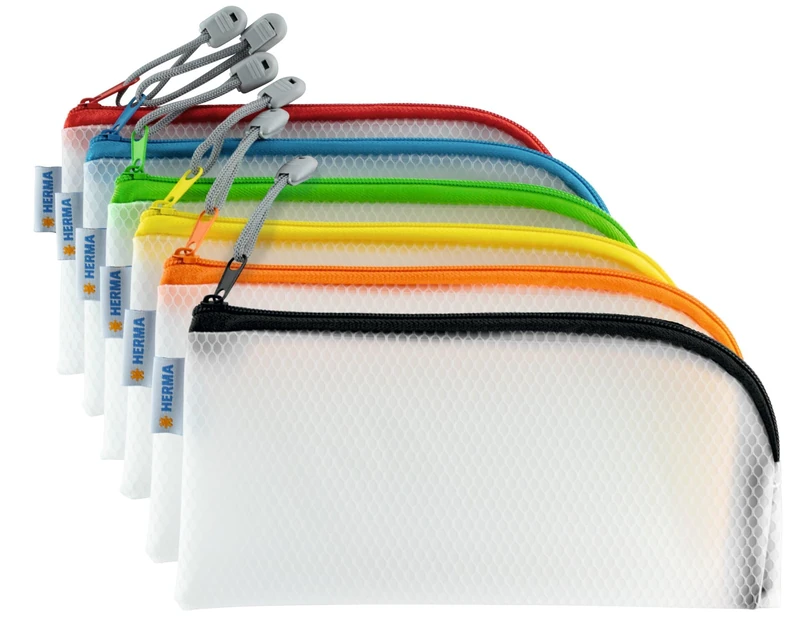 HERMA 20001 Zip Cosmetic Bag, Pack of 10, transparent (23 x 11 cm) small zippered travel pouch for mobile phone, charging cable, cosmetics, pens, keys, clear toiletry bag with zipper, assorted colours