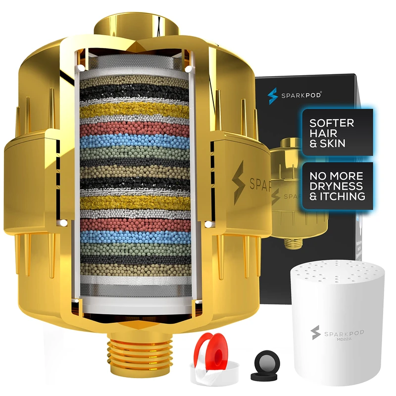 SparkPod High Output Shower Filter Capsule- Rejuvenates Skin and Hair Health (Reduces Eczema & Dandruff), Filters Chlorine, Heavy Metals and Impurities | 1-min Installation, (Gold)